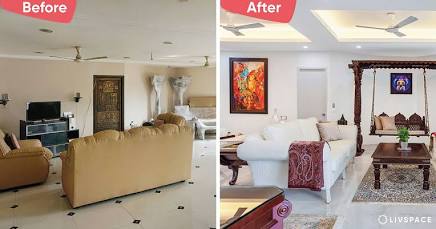 a completed modern open concept living room renovation with custom architectural features.